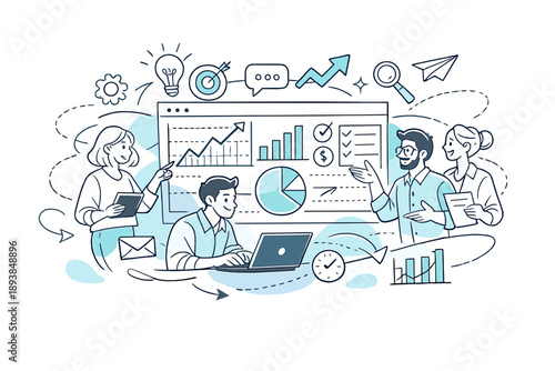 Colorful business illustration. Team collaborating around a shared dashboard, charts and icons floating in the