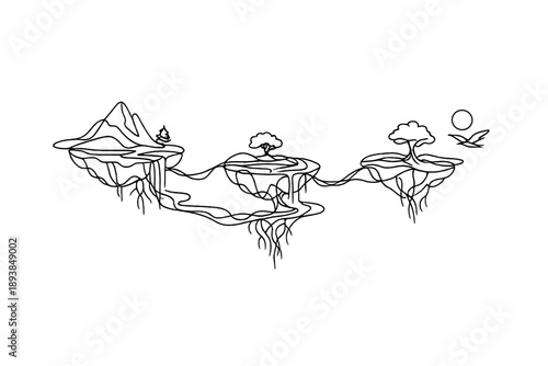 "Surreal nature balance". Minimalistic one-line drawing floating islands connected by roots and streams in