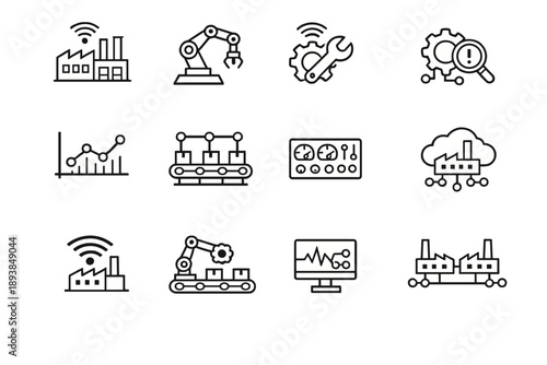 Industrial IoT systems. Line outline icon set of Industrial IoT systems: smart factory, robotic arm, machine