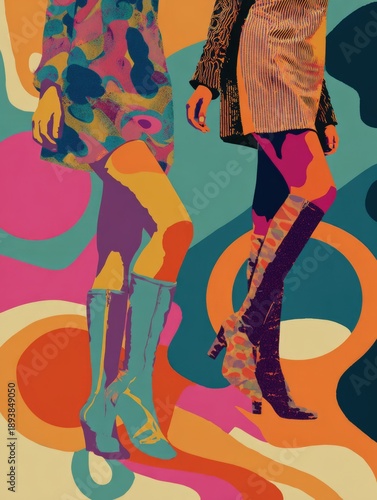 Eclectic retro illustration of bohemian night dance, abstract figures wearing thigh high stockings with visible garter straps, vivid psychedelic colors, fashion