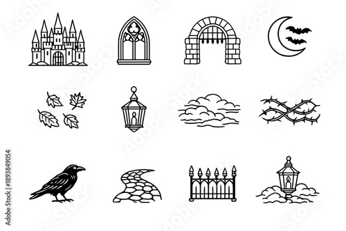 Gothic autumn castle. Line outline icon set of Gothic autumn castle: gothic castle, pointed towers, arched