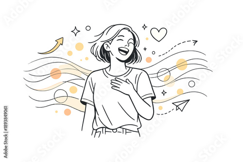 Joyful inner state. A person laughing lightly, abstract waves and colorful dots pulsing gently around the body