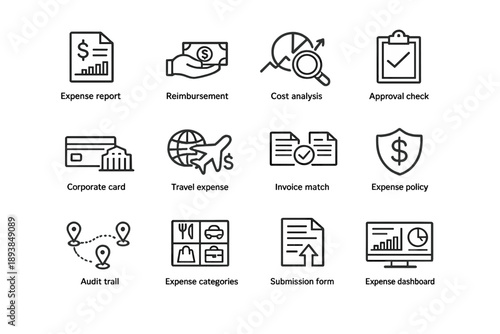 Expense Management Icons. Expense management icons. Line outline icon set of Expense management icons: expense