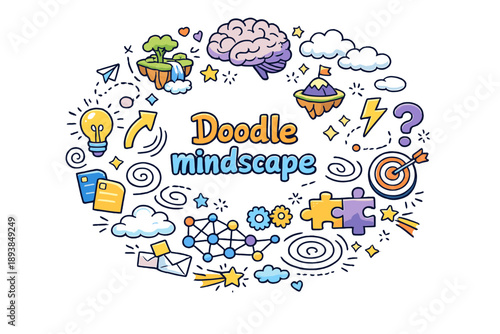 Doodle mindscape. Hand drawn illustration of Doodle mindscape. brain outline, floating islands, thought clouds