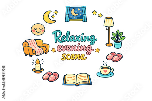 Relaxing evening scene. Hand drawn illustration of Relaxing evening scene. moon, stars, cozy sofa, blanket,