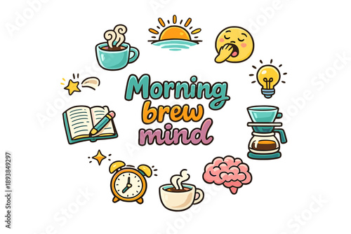 Morning brew mind. Hand drawn illustration of Morning brew mind. coffee mug, sunrise icon, yawning face, idea