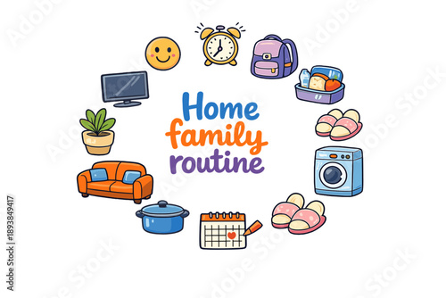 Home family routine. Hand drawn illustration of Home family routine. breakfast table, alarm clock, school
