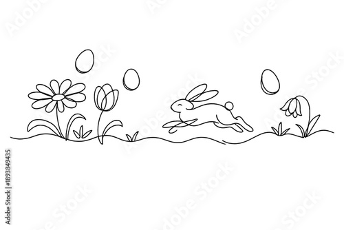Surreal Bunny Art. "Fantasy Easter bunny". Minimalistic one-line drawing bunny hopping through surreal meadow