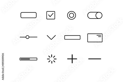 Basic UI controls. Line outline icon set of Basic UI controls: button, checkbox, radio button, toggle switch,