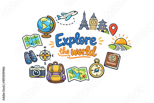 Explore the world. Hand drawn illustration of Explore the world. globe stand, airplane trail, folded map,