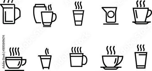 Diverse set of steaming hot drink icons rendered in clean, minimalist black line art, featuring coffee cups, tea mugs, pitchers, and disposable containers.