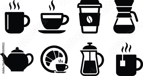 Comprehensive black silhouette vector icon set featuring steaming hot coffee mugs, takeaway cups, tea pots, French press, and breakfast symbols for digital design and cafe branding.