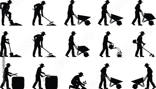 Gardening worker silhouettes set showing digging raking planting watering trimming pushing wheelbarrow landscaping activities isolated on white background vector illustration design collection