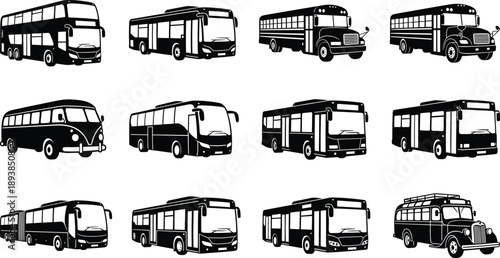 Bus silhouette collection featuring modern and vintage city buses, public transport vehicle icons in black and white vector illustration set for branding design