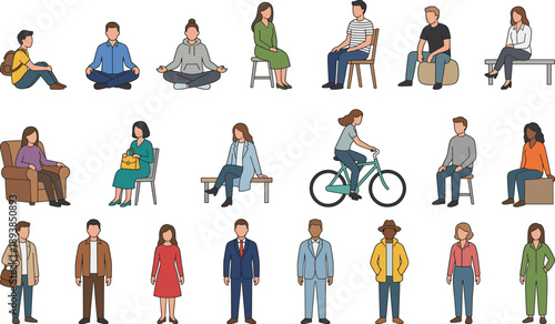 Diverse people character illustration set showing men and women sitting standing walking and cycling in flat vector style for modern design projects