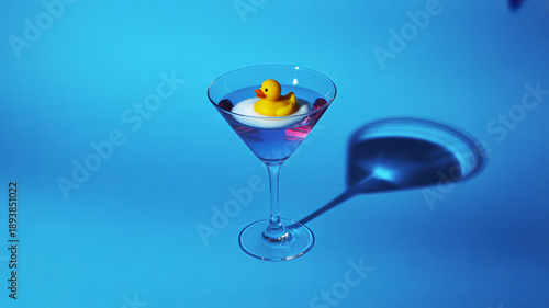 Rubber duck floating in a blue martini glass with a blue background