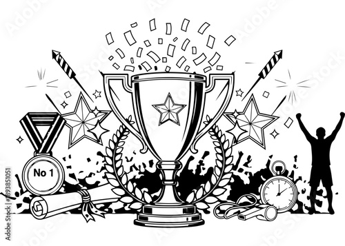 Victory trophy cup coloring page with stars confetti and fireworks for sports championship awards achievement celebration events student success motivation and winner ceremony line art illustrations.
