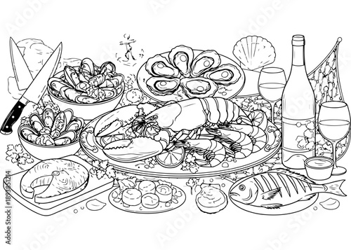 Seafood platter coloring page with grilled fish lobster shrimp mussels and lemon slices for luxury restaurant menu designs healthy mediterranean diet and ocean food lovers artistic projects.