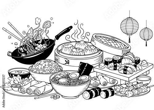 Traditional Chinese food and dim sum coloring page featuring hot noodles in a bowl dumplings in steamer baskets and tasty asian cuisine for restaurant menu designs and food lovers hobby books.