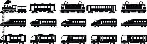 Train silhouette collection showing steam electric high speed and metro rail vehicles, black vector icons isolated on white for transport design projects