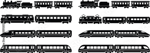 Train silhouette collection featuring steam electric diesel and high speed rail vehicles, black vector icons isolated on white for transportation design projects