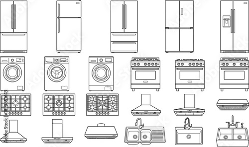 Kitchen appliance outline icons set featuring refrigerator washing machine oven stove sink hood isolated on white background vector illustration minimal linear collection
