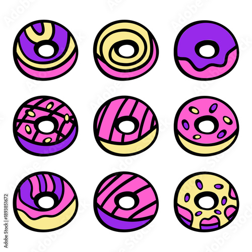colorful cartoon donut set with glaze and sprinkles, cute hand drawn food collection, vector illustration isolated on white background