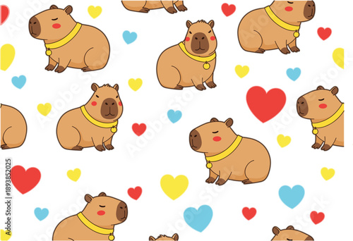 Cute capybara cartoon pattern with colorful hearts, playful animal background design for kids, love themed wallpaper and textile vector illustration