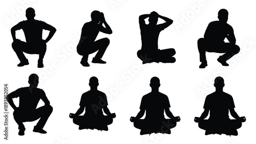 Black Silhouette Vector Collection of Man and Woman Kneeling in Prayer for Christian Faith Spiritual Meditation Hope and Religious Church Design