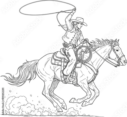Classic Western cowboy line art illustration of a rider on a galloping horse swinging a lasso overhead.