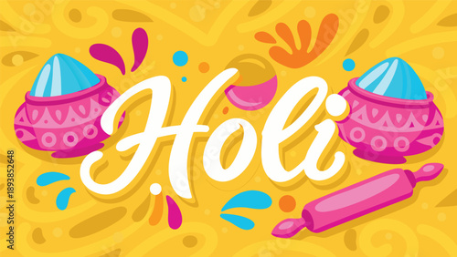 Vibrant holi celebration with colorful powdered paints and joyful splashes on yellow background