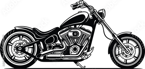 Detailed black and white illustration of a classic chopper motorcycle in a side profile view.