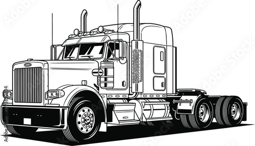 Detailed black and white line art illustration of a classic American longhaul semitruck tractor.