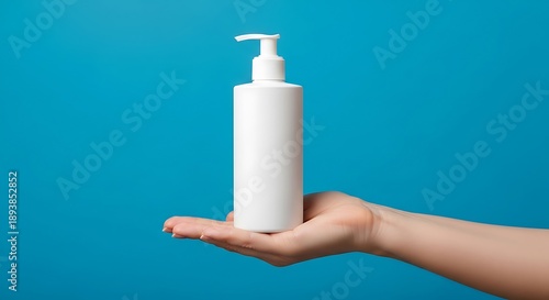 Wallpaper Mural Hand holding white bottle of lotion against blue background. Torontodigital.ca