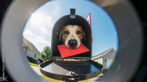 Funny dog delivering red letter in mailbox, seen through peephole.