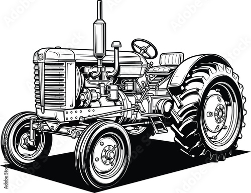 Detailed black and white line art illustration of a classic vintage farm tractor.
