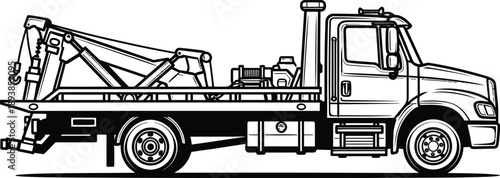 Detailed black and white line art illustration of a heavyduty wrecker tow truck in a side profile view.