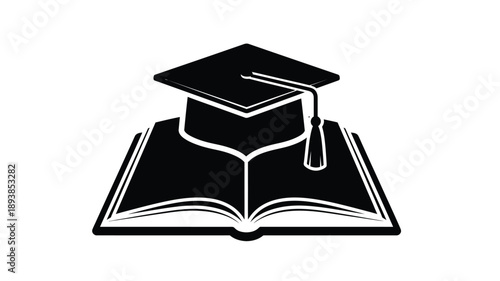 graduation cap resting on an open book representing education and knowledge silhouette
