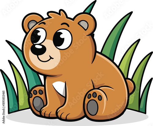 Cute Cartoon Bear Cub Sitting in Grass