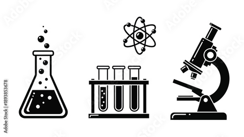 science icons featuring a beaker test tubes microscope and atom silhouette