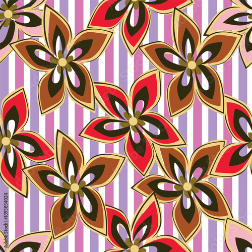 coquette seamless purple and yellow flowers pattern. Delicate petals and vibrant blossoms create an artistic and vintage botanical illustration. pastel flower seamless pattern