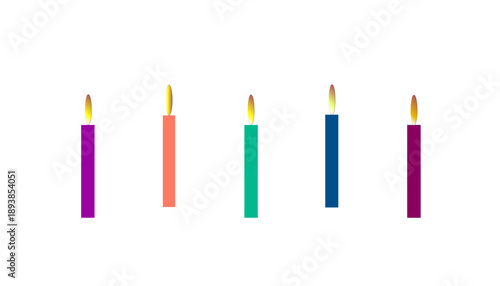 A row of colorful, lit candles isolated on a white background, creating a vibrant and festive atmosphere.