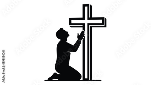 Black Silhouette Vector of Man Kneeling in Prayer Before Holy Cross for Christian Faith Religious Hope Worship and Church Design