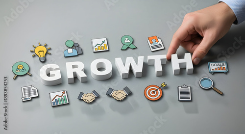 Business growth concept with hand placing letter blocks and icons
