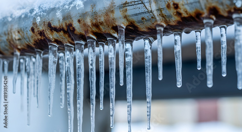 A close-up view of icicles hanging from a rusty metal pipe on a cold winter day