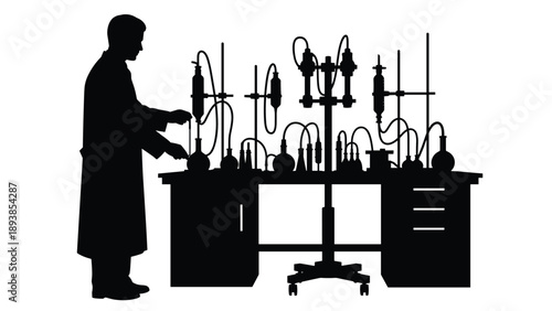 Black Silhouette Vector of Scientist Working in Science Laboratory with Research Equipment for Chemistry Biology Medical Healthcare and Education Technology Design
