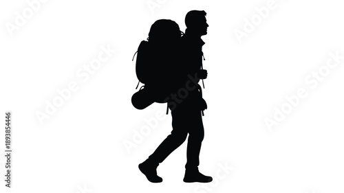 a person hiking with a large backpack moving forward in a scenic landscape silhouette