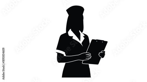 a black silhouette of a nurse holding a clipboard professional medical image