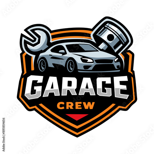 Automotive Repair Shop Emblem with Car Piston and Wrench Tool Design