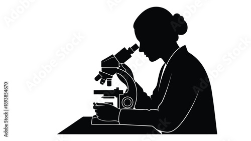 a woman looking through a microscope focused on scientific research silhouette